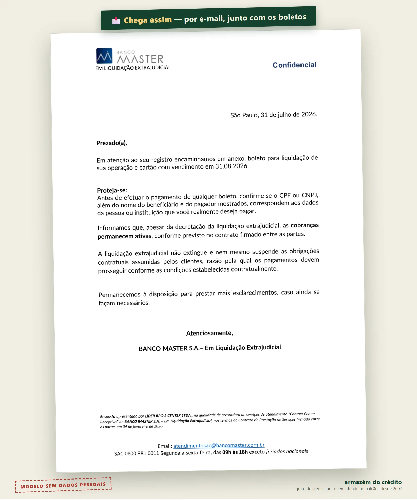 Carta padrão do Banco Master em liquidação que acompanha os boletos de quitação: as cobranças permanecem ativas apesar da liquidação; confira o CPF/CNPJ e o nome do beneficiário antes de pagar; SAC 0800 881 0011, segunda a sexta das 9h às 18h