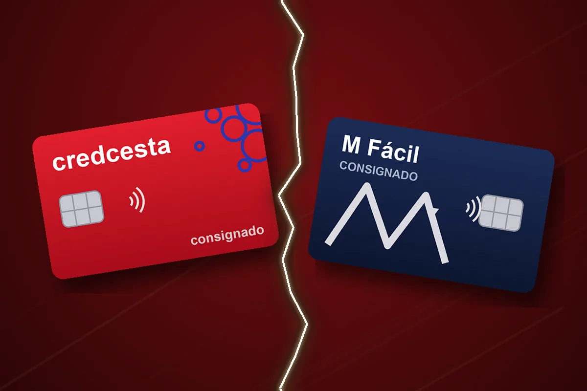 Arte ilustrativa: os cartões Credcesta (vermelho) e M Fácil (azul-marinho, Banco Master) partidos pela mesma rachadura ao meio — os dois cartões consignados do Banco Master pararam juntos na liquidação