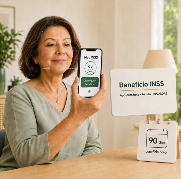 Aposentada segurando o celular com o app Meu INSS aberto na tela de desbloquear benefício, fazendo o reconhecimento facial