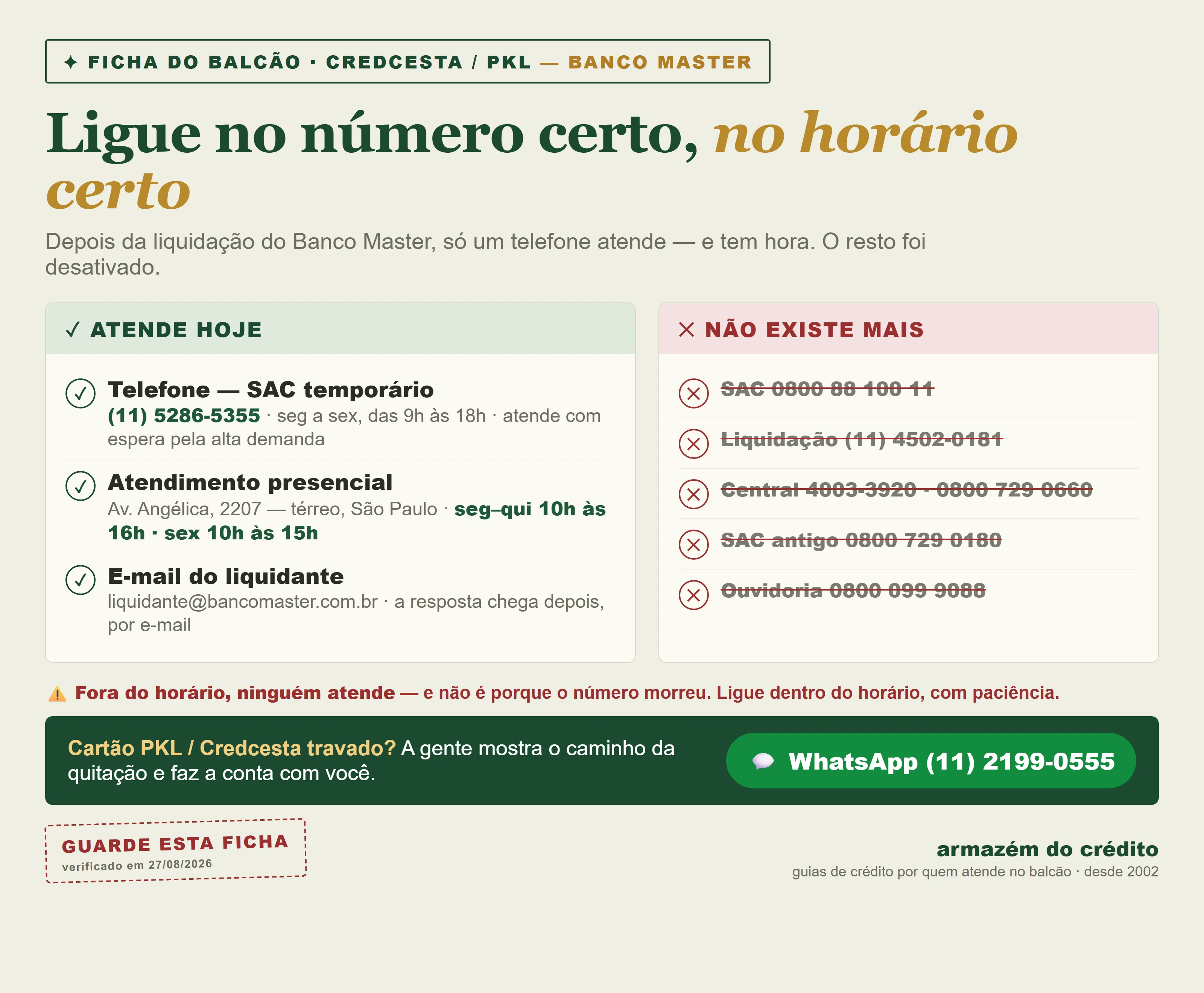Ficha do balcão com os horários de atendimento do Credcesta e do Banco Master em liquidação: o telefone que atende é o (11) 5286-5355, de segunda a sexta das 9h às 18h, e o atendimento presencial fica na Av. Angélica, 2207, de segunda a quinta das 10h às 16h e sexta das 10h às 15h; os números 0800 88 100 11, (11) 4502-0181, 4003-3920, 0800 729 0660, 0800 729 0180 e a ouvidoria 0800 099 9088 foram desativados. Verificado em 27/08/2026.