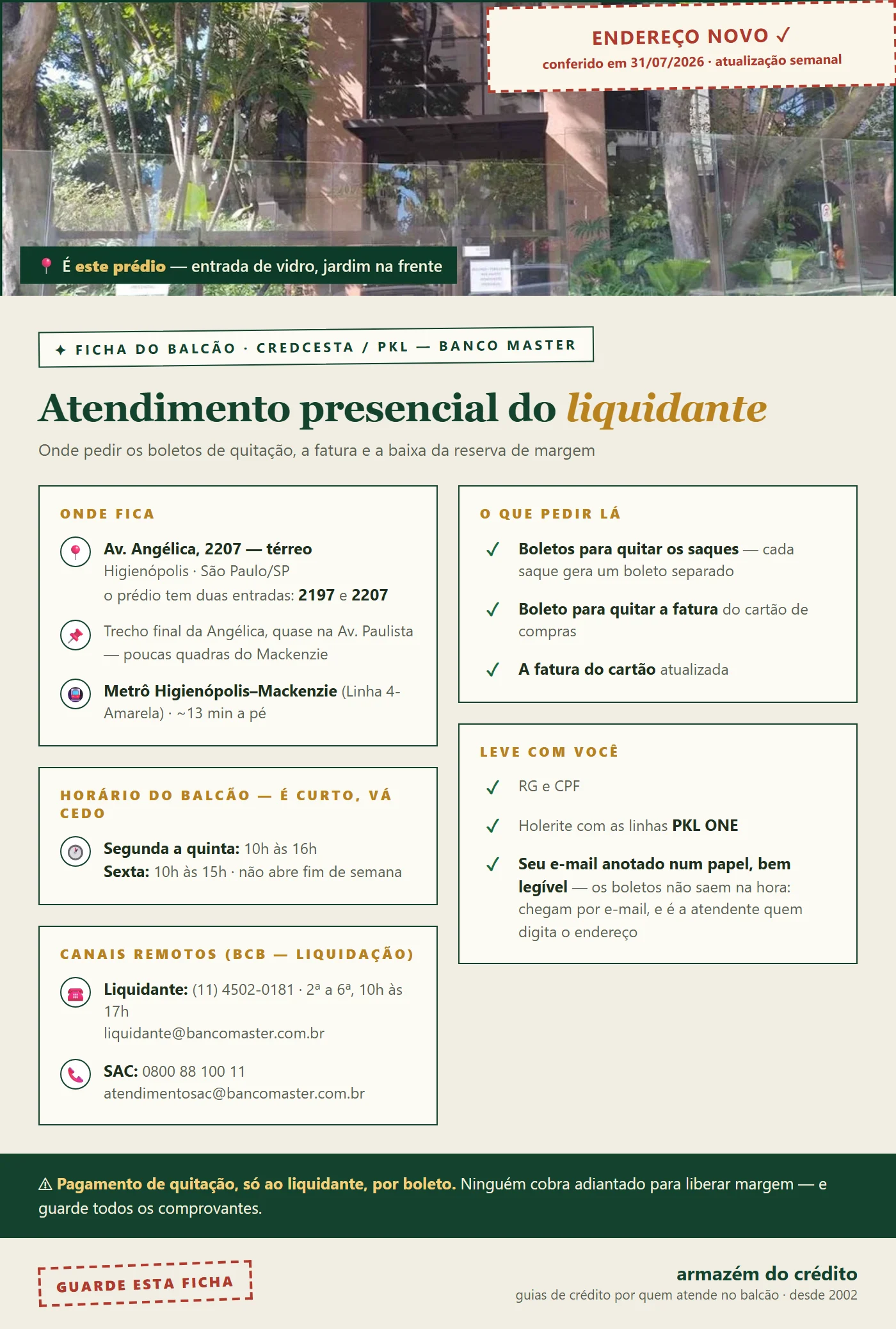 Ficha do balcão: atendimento presencial do liquidante do Banco Master — Av. Angélica, 2207, térreo, Higienópolis, São Paulo. Segunda a quinta das 10h às 16h, sexta das 10h às 15h. O que pedir e o que levar.