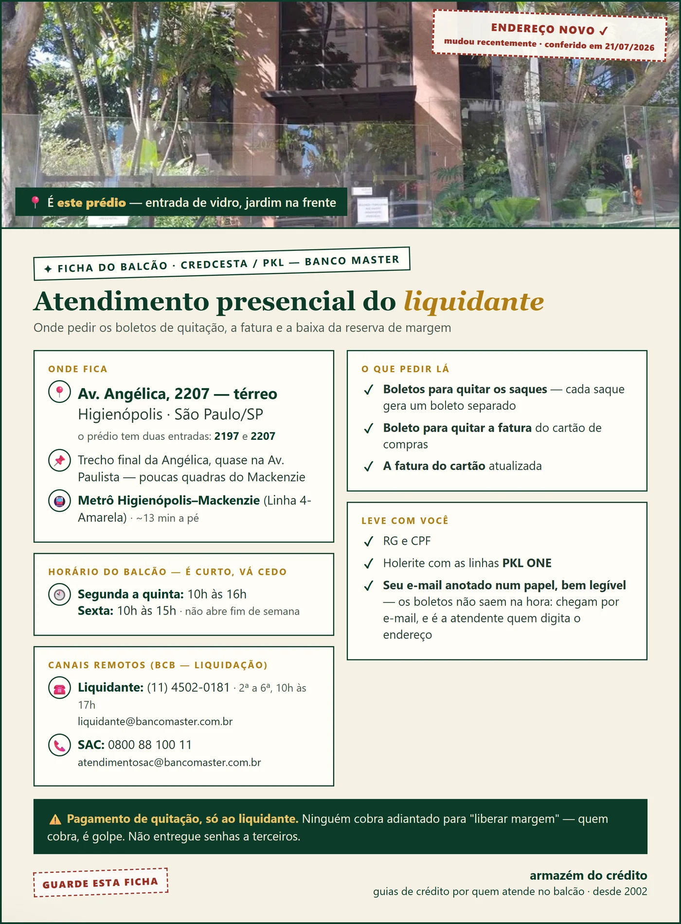 Ficha do balcão: atendimento presencial do liquidante do Banco Master — Av. Angélica, 2207, térreo, Higienópolis, São Paulo. Segunda a quinta das 10h às 16h, sexta das 10h às 15h. O que pedir e o que levar.