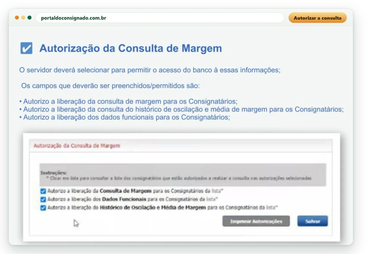 Tela de autorização da consulta de margem no Portal do Consignado, com as três opções marcadas