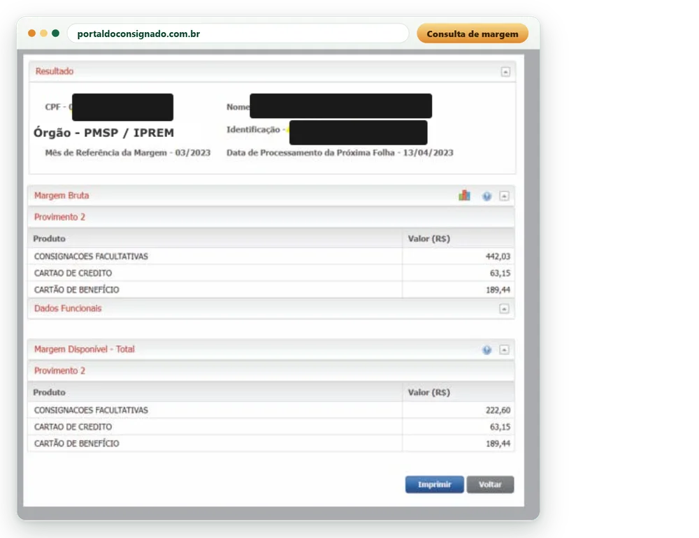 Tela de consulta de margem do Portal do Consignado, com margem bruta e disponível por produto