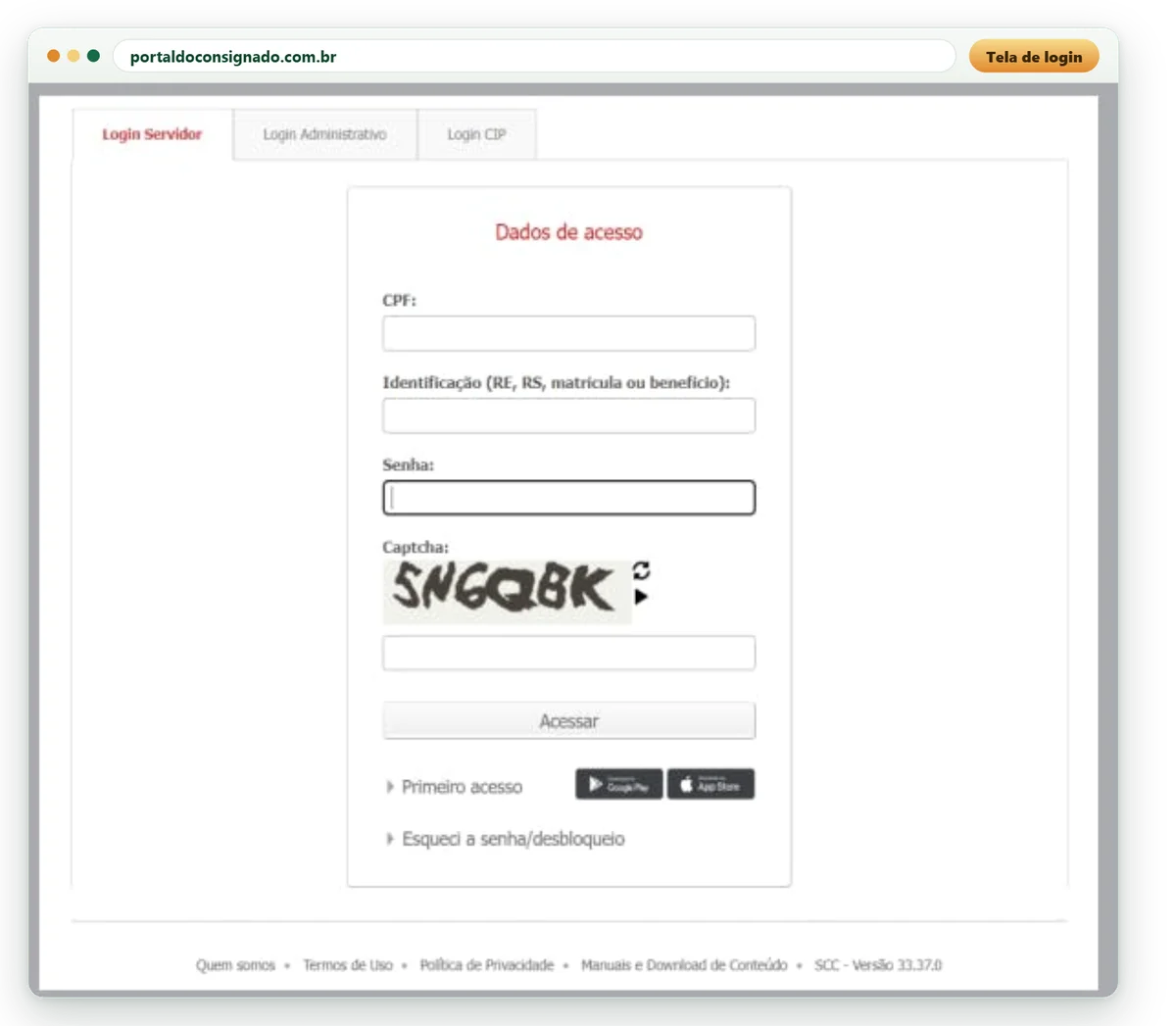 Tela de login do Portal do Consignado: CPF, identificação e senha