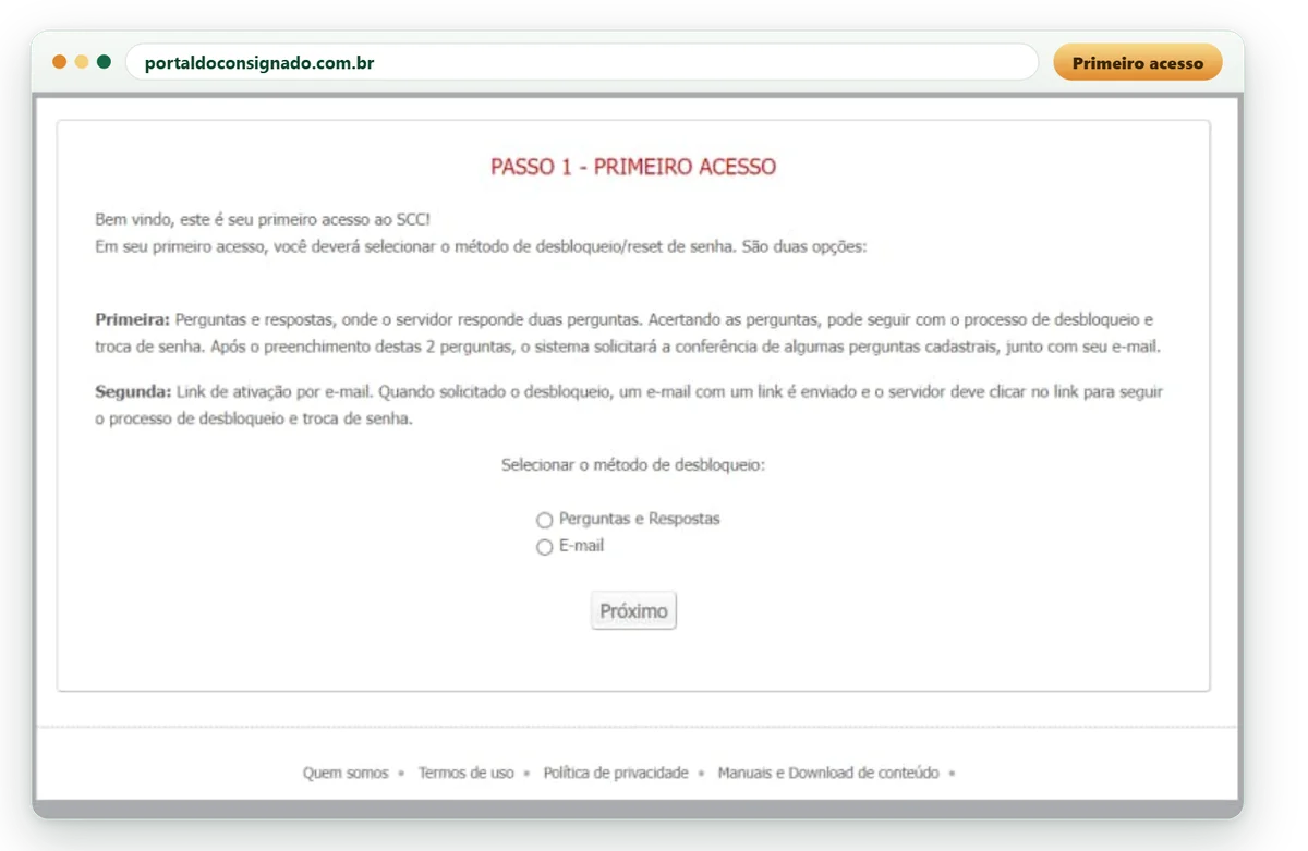 Tela de primeiro acesso do Portal do Consignado, com a escolha do método de desbloqueio